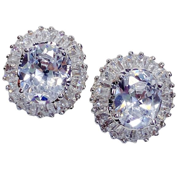 Signed NM Neiman Marcus CZ Halo Clip On Earrings Silver Tone Formal Evening - Picture 1 of 11